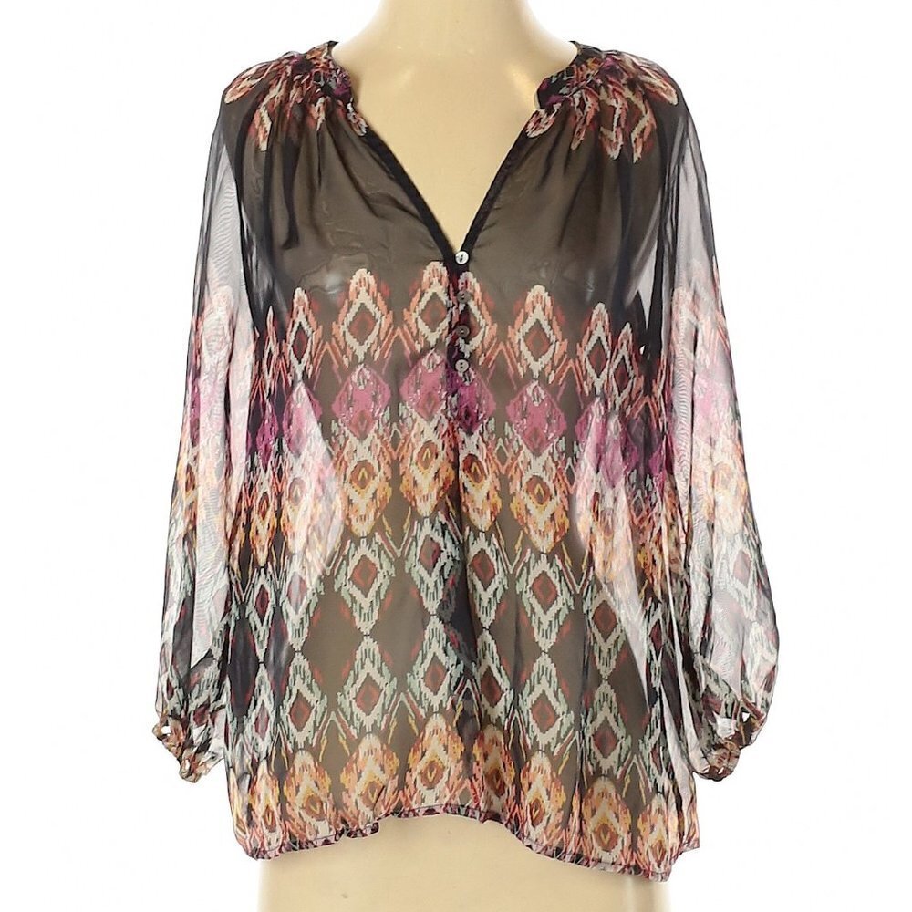 Zoa Anthropologie New York Sheer Boho Flowy Aztec Print Blouse Size XS